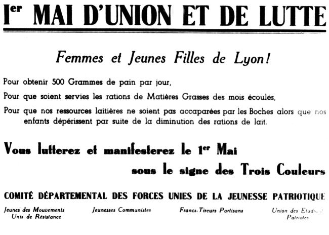 Occupation de Lyon. La Résistance. Tract de différents mouvements de résistance appelant à manifester le 1er mai.